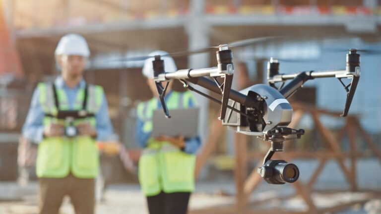 Drone conducting an aerial survey at a construction site.