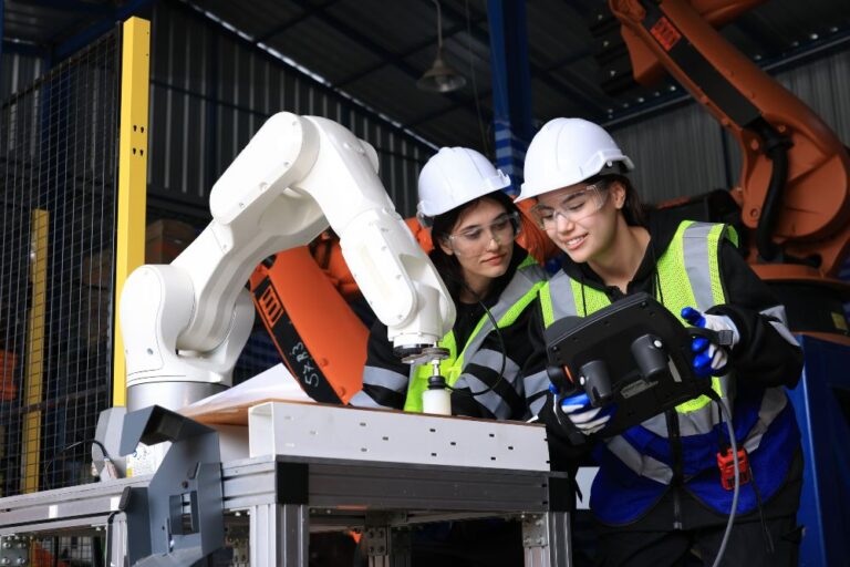 AI-powered robot laying bricks at a construction site.