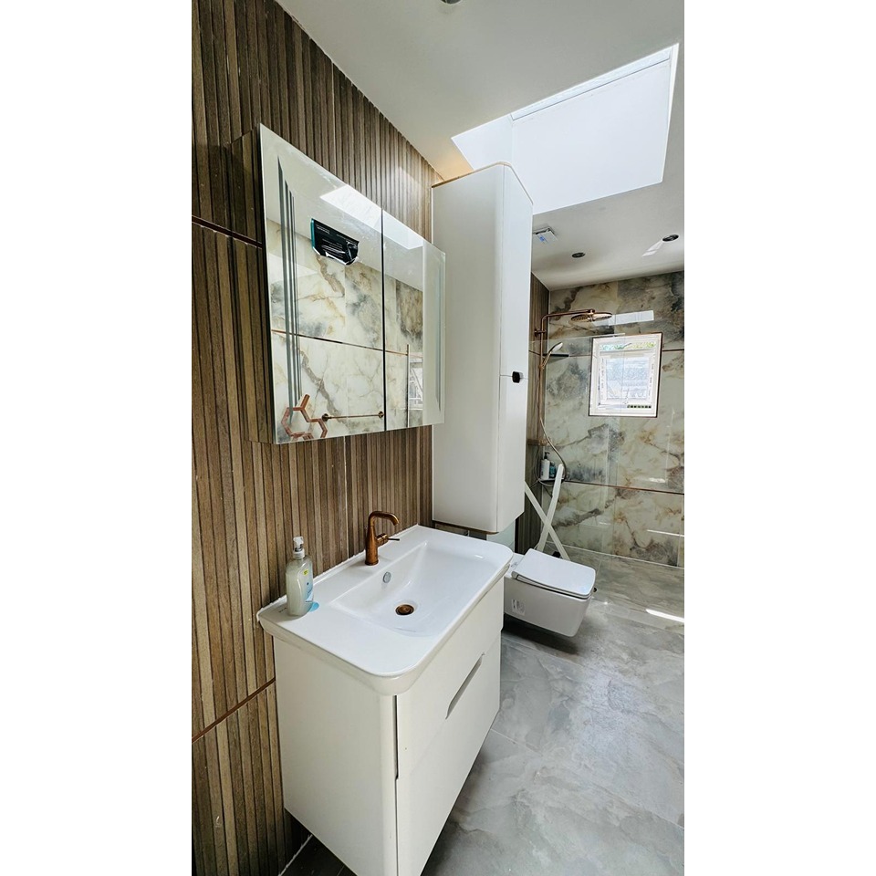 Modern bathroom with the cabinets and standing Sink